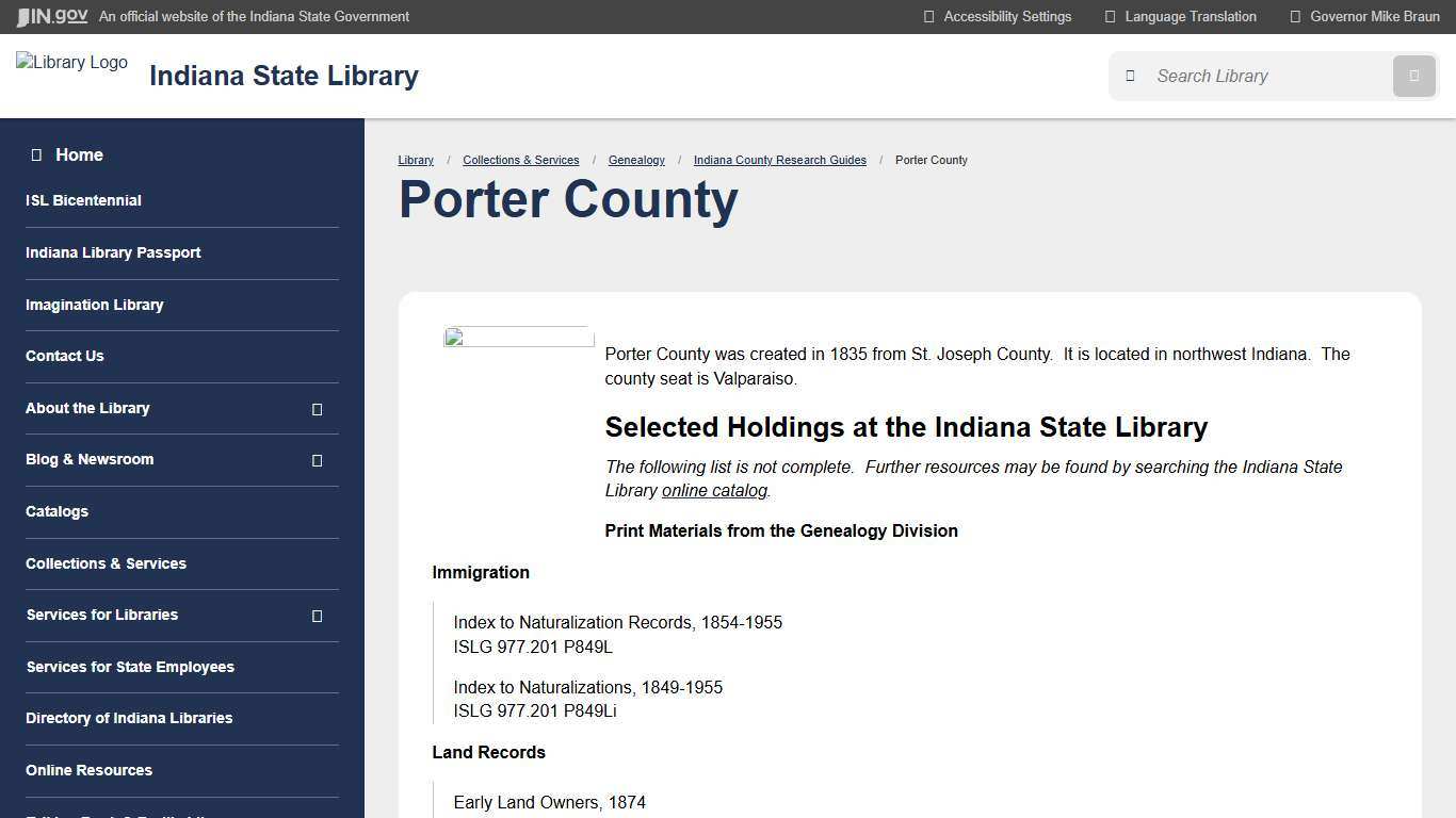 Indiana State Library: Porter County